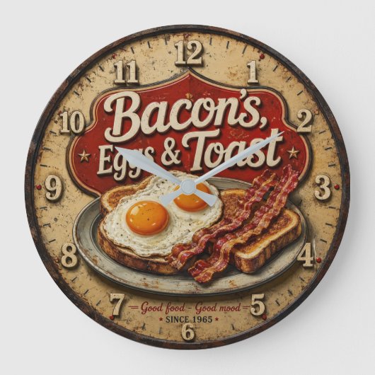 Bacon Eggs & Toast Rustic Farmhouse Kitchen ラージ壁時計 (正面)