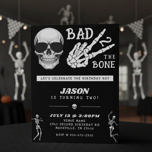 Bad 2 the Bone Skeleton 2nd Birthday Party 招待状
