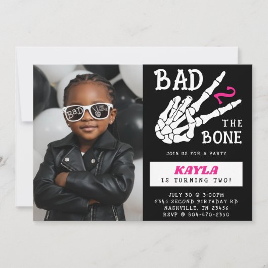 Bad 2 the Bone Skeleton Photo 2nd Birthday Party 招待状 (正面)