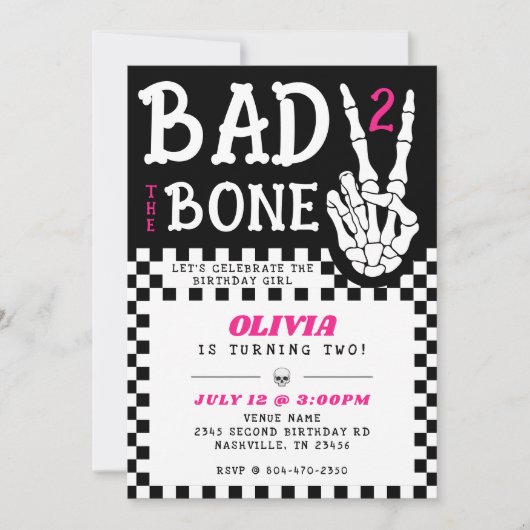 Bad 2 the Bone Skeleton Pink 2nd Birthday Party 招待状 (正面)