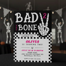 Bad 2 the Bone Skeleton Pink 2nd Birthday Party 招待状