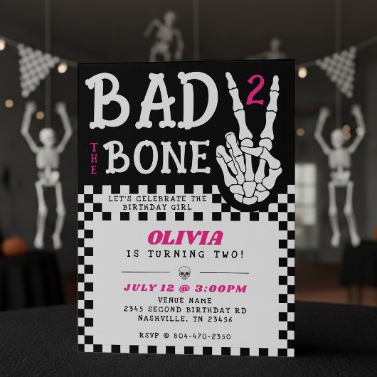 Bad 2 the Bone Skeleton Pink 2nd Birthday Party 招待状