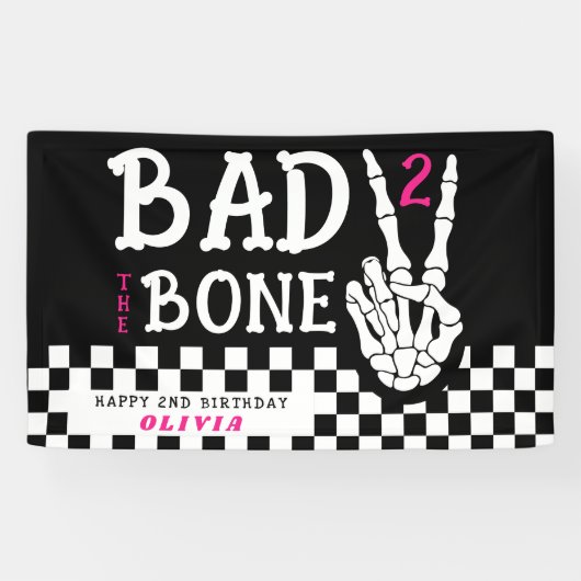Bad 2 the Bone Skeleton Pink 2nd Birthday Party 横断幕 (横)