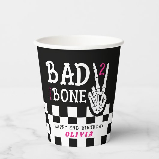 Bad 2 the Bone Skeleton Pink 2nd Birthday Party 紙コップ (正面)