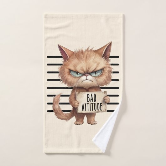 Bad Attitation Cat Mugshot おもしろい - Felineデザイン バスタオルセット (ハンドタオル)
