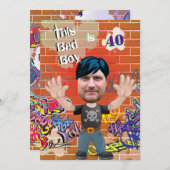 Bad Boy 40thメンズ誕生日おもしろい顔切り出し 招待状 (正面/裏面)