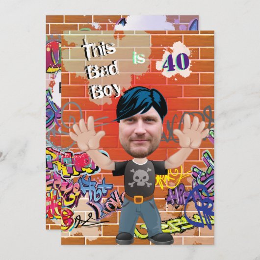 Bad Boy 40thメンズ誕生日おもしろい顔切り出し 招待状 (正面/裏面)