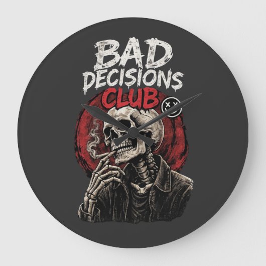 Bad Decisions Club Skeleton in Leather Jacket  ラージ壁時計 (正面)
