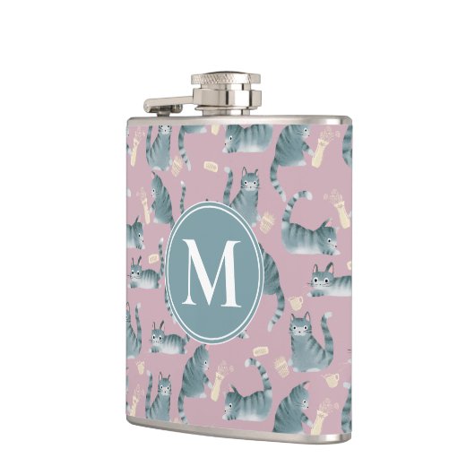 Bad Gray Tabby Cats Noking Over & Monogram フラスク (左)