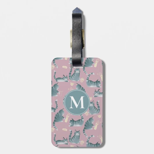Bad Gray Tabby Cats Noking Over & Monogram ラゲッジタグ (裏面縦)
