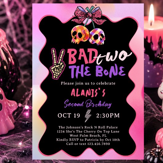 Bad Two The Bone ピンク パープル ガール 2歳の誕生日 招待状