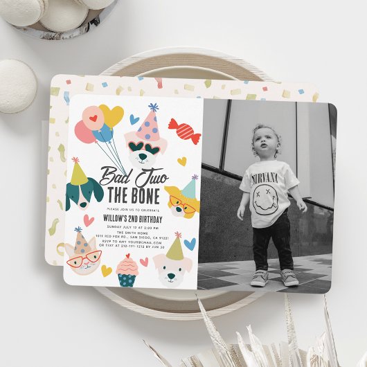 Bad Two the Bone Dogs & Cat 2nd Birthday Photo 招待状