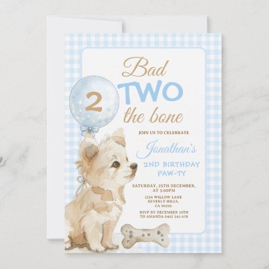 Bad Two the Bone Puppy 2nd Birthday Pawty Gingham 招待状 (正面)