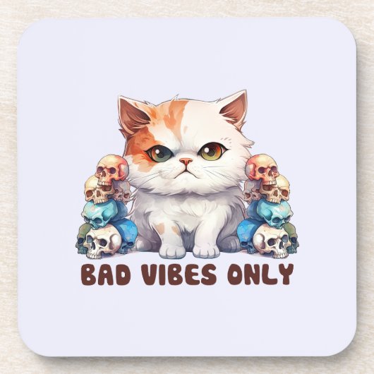 Bad Vibes Only – 激しい猫とスカルゴシックデザイン コースター (正面)