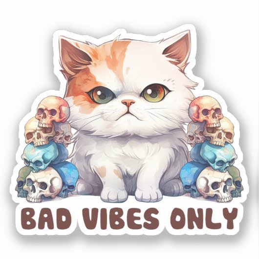 Bad Vibes Only – 激しい猫とスカルゴシックデザイン シール (正面)