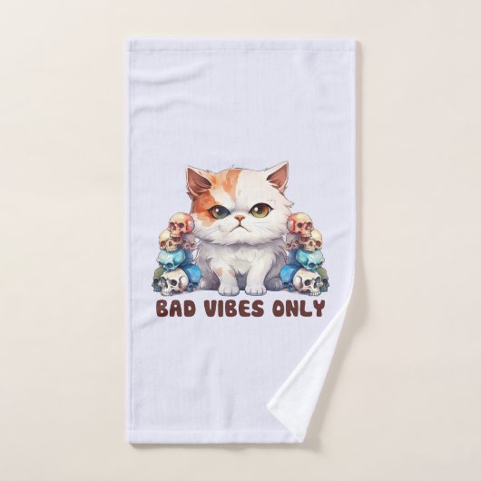 Bad Vibes Only – 激しい猫とスカルゴシックデザイン バスタオルセット (ハンドタオル)