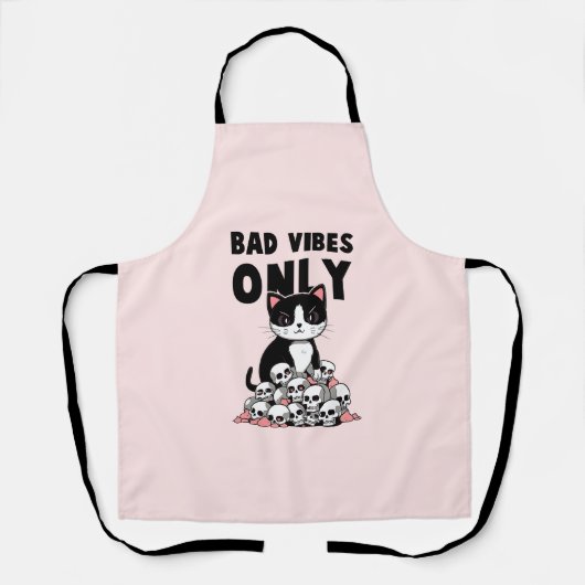 Bad Vibes Only – 猫とスカル エプロン (正面)