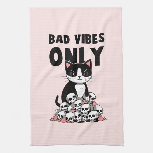 Bad Vibes Only – 猫とスカル キッチンタオル (縦)
