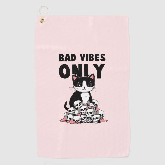Bad Vibes Only – 猫とスカル ゴルフタオル (正面)