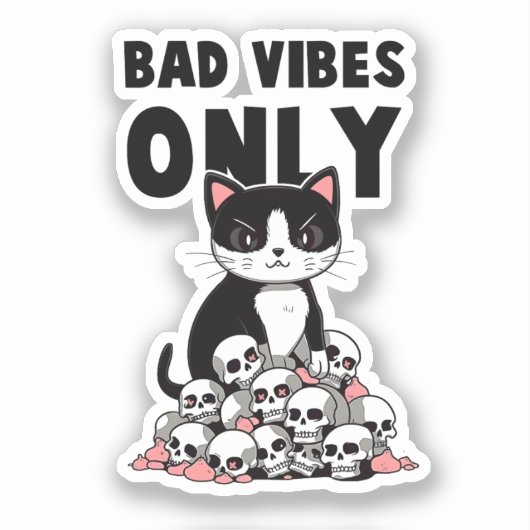 Bad Vibes Only – 猫とスカル シール (正面)