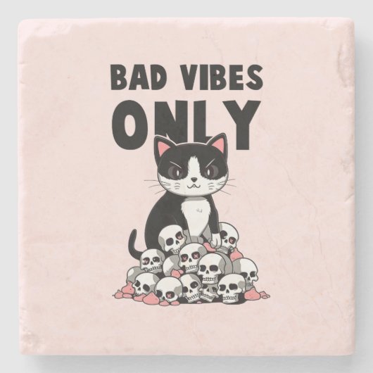 Bad Vibes Only – 猫とスカル ストーンコースター (正面)