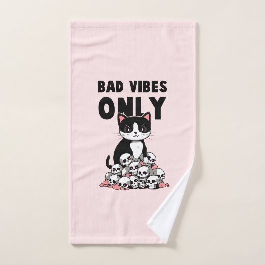 Bad Vibes Only – 猫とスカル バスタオルセット (ハンドタオル)