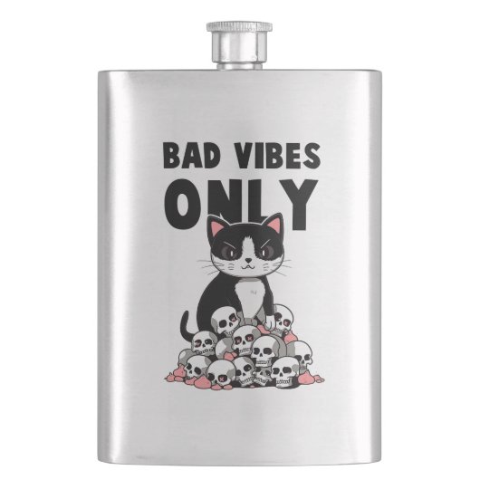 Bad Vibes Only – 猫とスカル フラスク (正面)