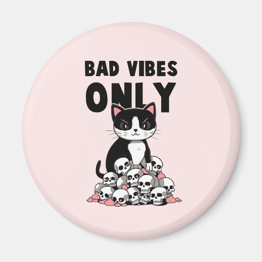 Bad Vibes Only – 猫とスカル マグネット (正面)