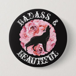 Badassおよび美しいオオカミおよびバラの黒いボタン 缶バッジ