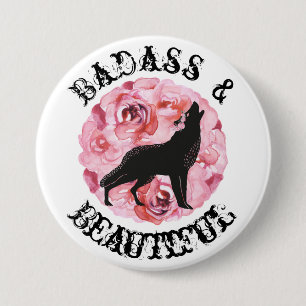 Badassおよび美しく黒いオオカミおよびバラボタン 缶バッジ