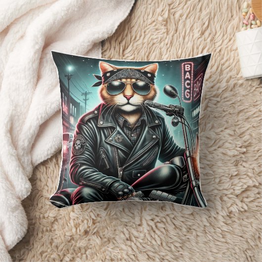Badass Cat - Motorcycle Feline Rebel in Leather Ja クッション (ブランケット)