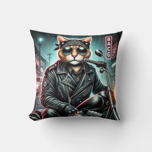 Badass Cat - Motorcycle Feline Rebel in Leather Ja クッション (正面)