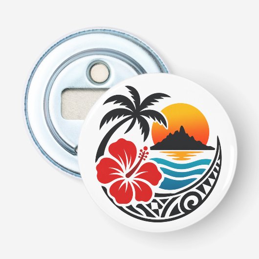 Badge Polynésie Française – Fleur Tiare, Palmier e 栓抜き (正面)