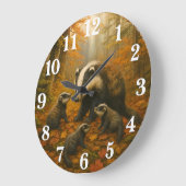 Badger family in autumn woods ラージ壁時計 (傾斜)