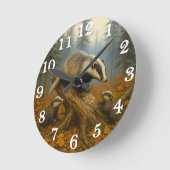 Badger family in misty woods ラウンド壁時計 (傾斜)