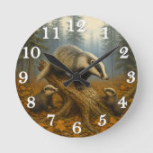 Badger family in misty woods ラウンド壁時計 (正面)