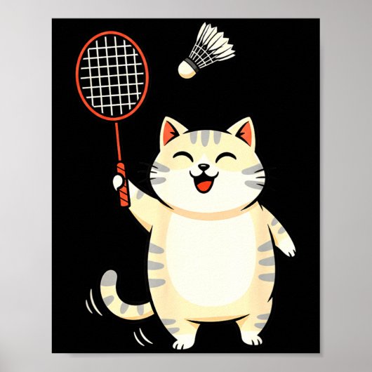 Badminton Cat Cartoon Art, Funny Cat Design For Ca ポスター (正面)