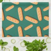 Baguette bread pattern on a green background キッチンタオル (折り畳み)