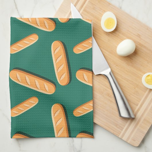 Baguette bread pattern on a green background キッチンタオル (四つ折り)