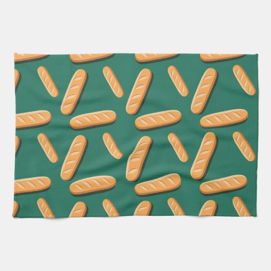 Baguette bread pattern on a green background キッチンタオル (横)