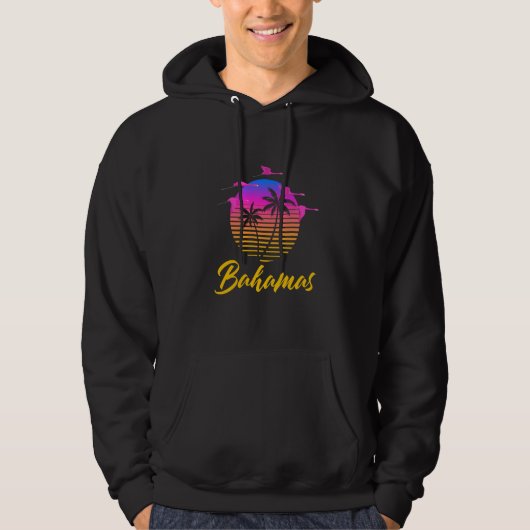 Bahamas Caribbean Retro Sunset Palm Tree Flamingo  パーカ (正面)