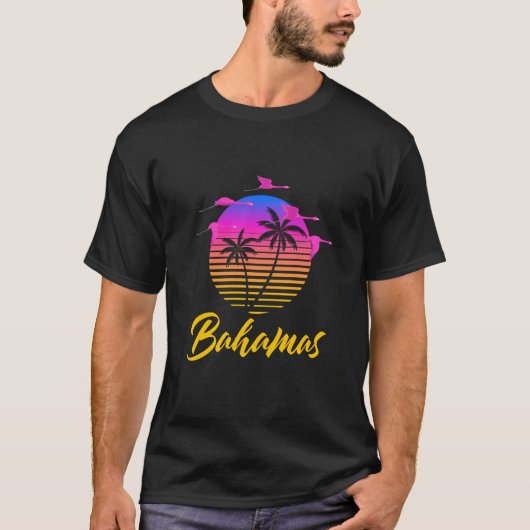 Bahamas Caribbean Retro Sunset Palm Tree Flamingo  Tシャツ (正面)
