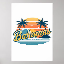 Bahamas Retro Sunset Palm Trees Design ポスター