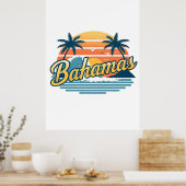 Bahamas Retro Sunset Palm Trees Design ポスター (キッチン)