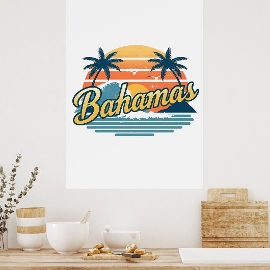 Bahamas Retro Sunset Palm Trees Design ポスター (キッチン)