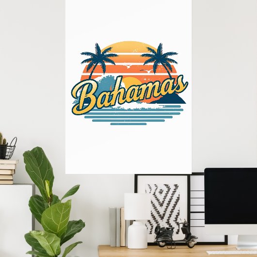 Bahamas Retro Sunset Palm Trees Design ポスター (ホームオフィス)