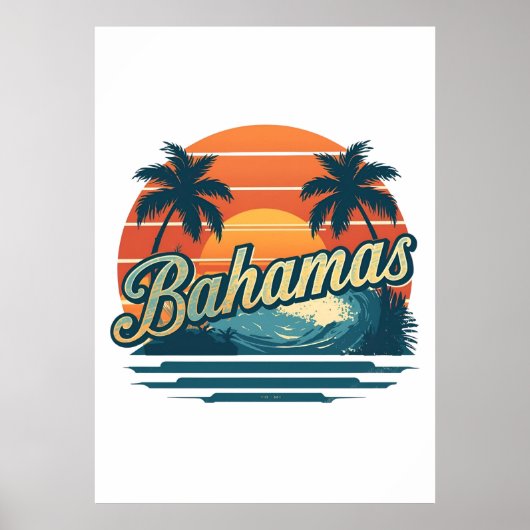 Bahamas Retro Sunset Palm Trees Design ポスター (正面)