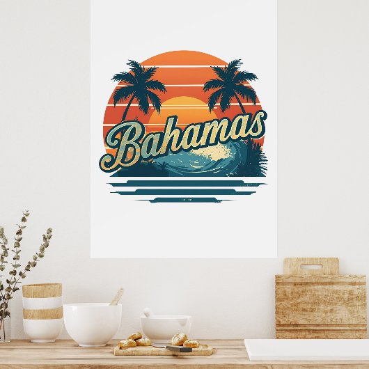 Bahamas Retro Sunset Palm Trees Design ポスター (キッチン)