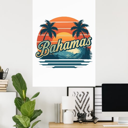 Bahamas Retro Sunset Palm Trees Design ポスター (ホームオフィス)