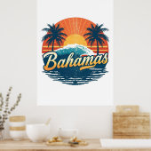 Bahamas Retro Sunset Palm Trees Design ポスター (キッチン)